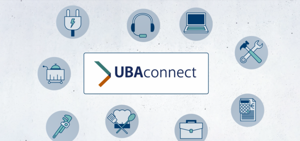 In der Mitte ist das Logo von UBAconnect abgebildet. Darum im Kreis sieht man Icons, die für verschiedene Branchen stehen. Beispielsweise eine Kochmütze und -löffel für die Gastrobranche.